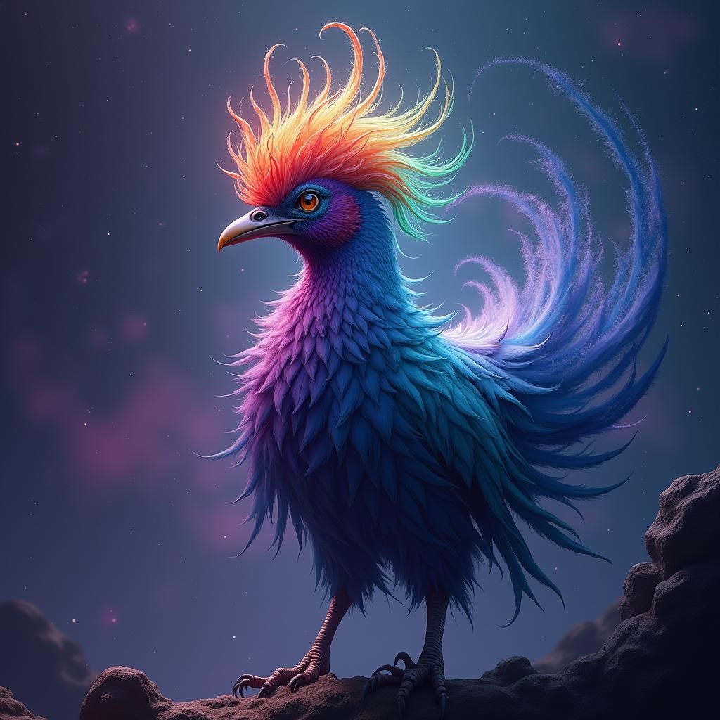 Iridescent Feather Bird in Fantasy Environment