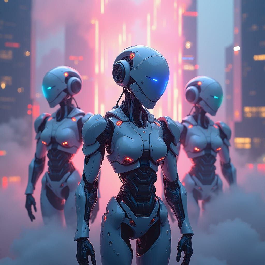 Neon Robots in Dreamlike Cyberpunk Cityscape