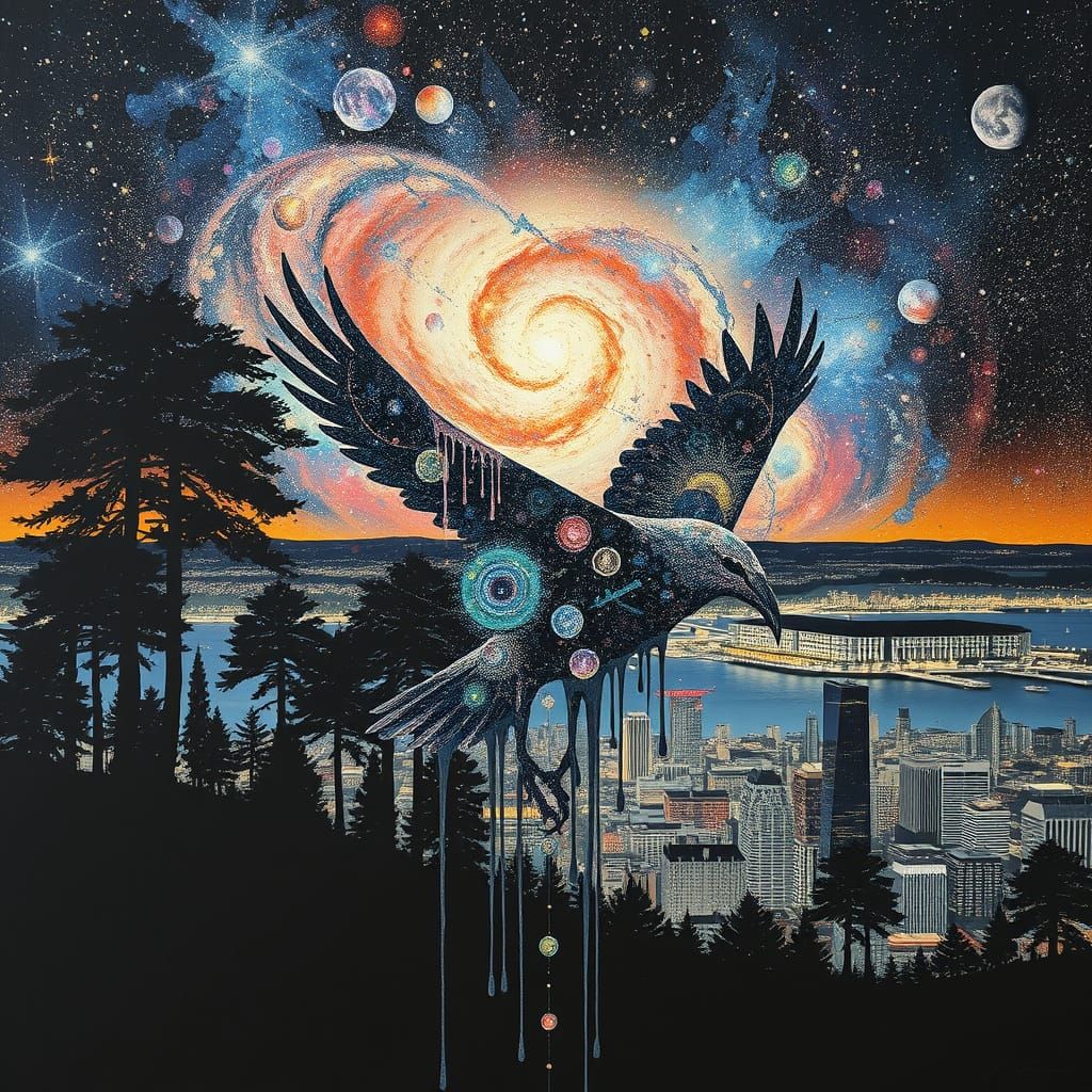 Galactic Bird Silhouette Drips into Cityscape