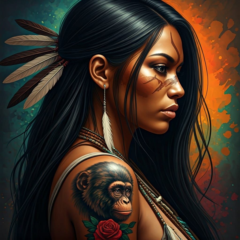 Hyperrealistic Native American Woman with Tattoos