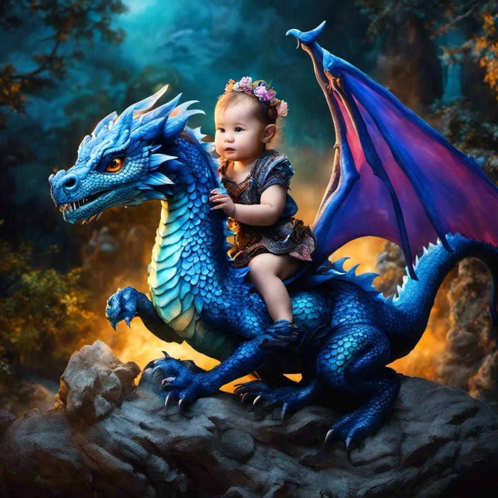 Adorable Baby Girl on Blue Dragon, Magic Realism
