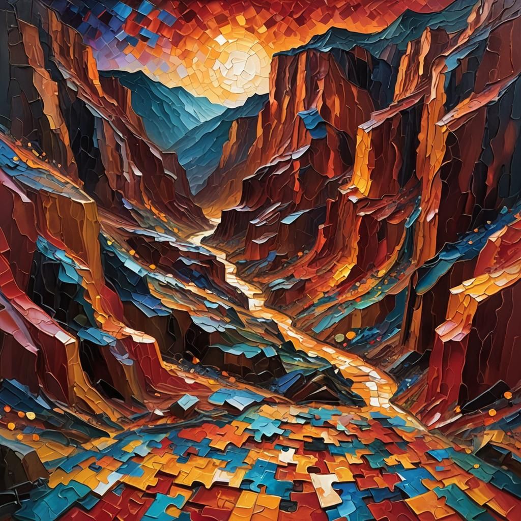 Mystical Puzzle Floats in Red Canyon: Neo-Expressionist Oil ...
