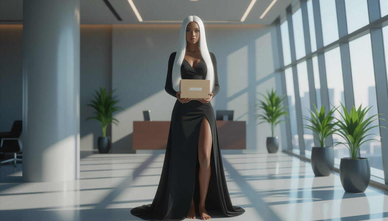 African Woman in Black Gown in Modern Office