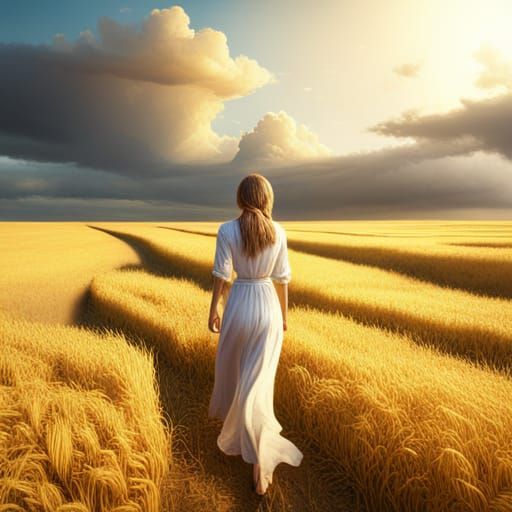 Woman in Golden Wheat Fields: Fantasy Concept Art