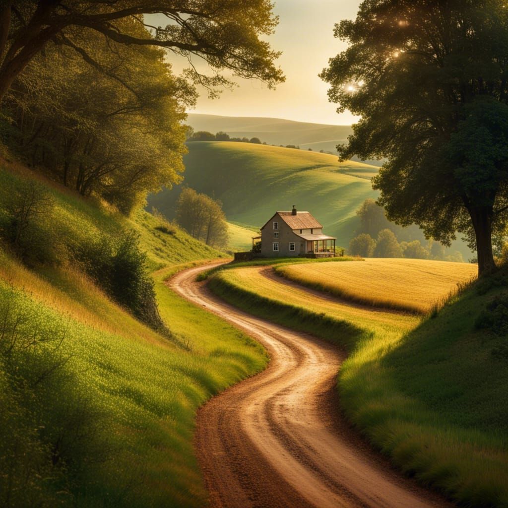 Winding Country Road to a Rural House
