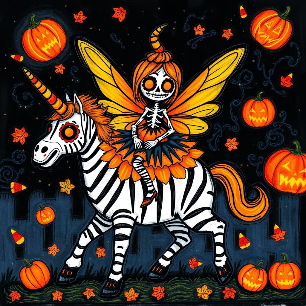 Halloween Fairy Rides Zebra Unicorn in Crayon Style