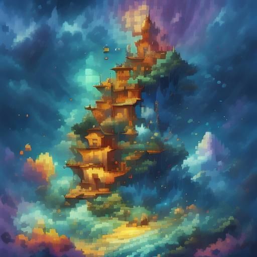 Detailed Pixel Art Landscape with Cosmic Light Effects