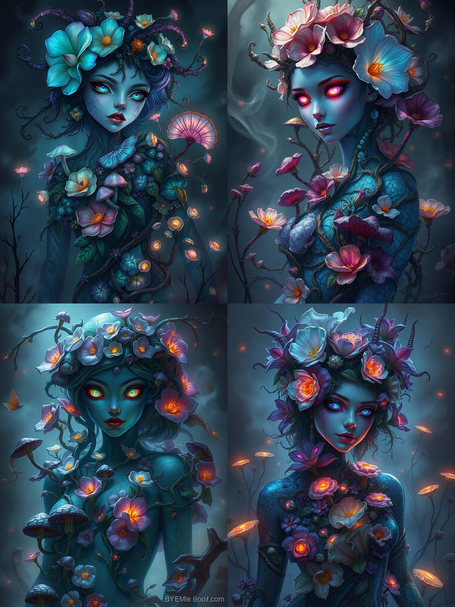 Floral Fungi Woman in Dark Surrealism Style