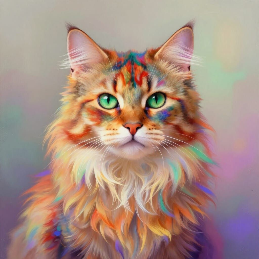 Rainbow Cat Portrait in Painterly Digital Art Style