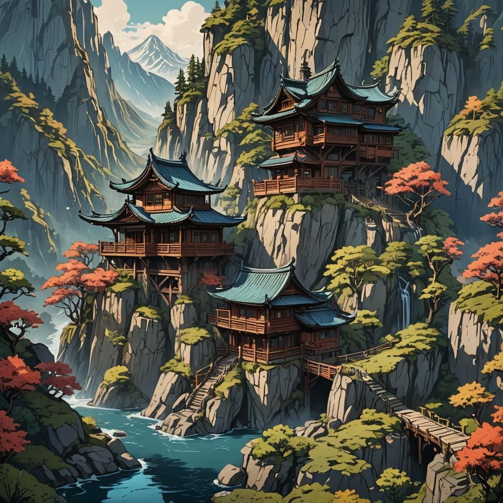 Mountain House in Woodblock Print Style