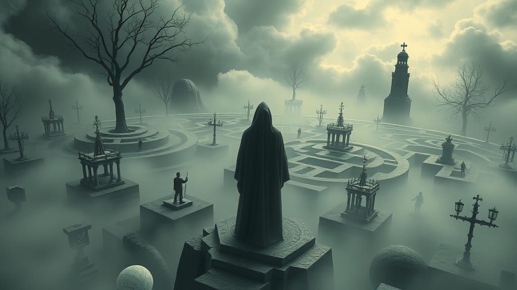 Serene Figure Amidst Labyrinthine Surrealism