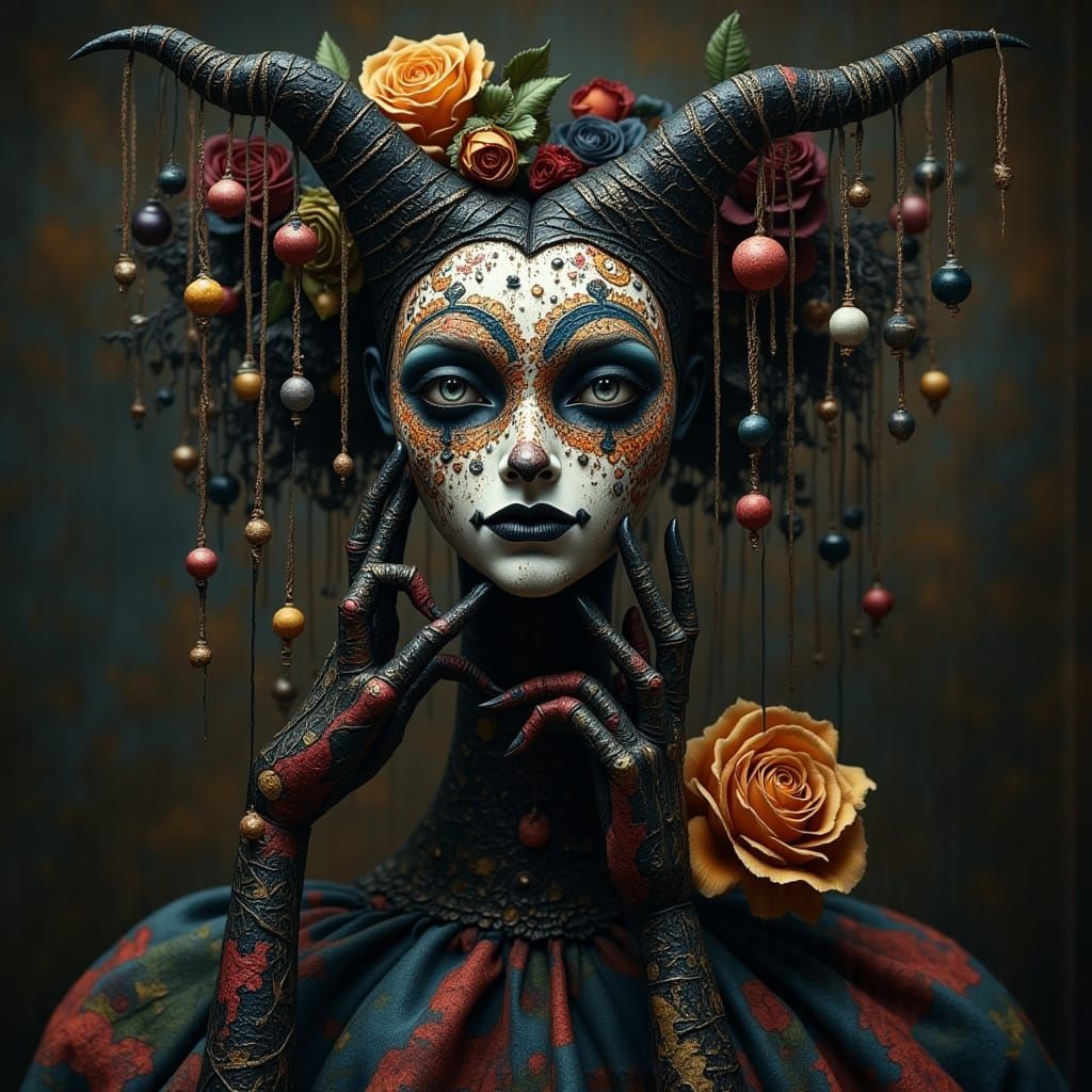 Macabre Harlequin Fairy Marionette in Dark Ornate Beauty