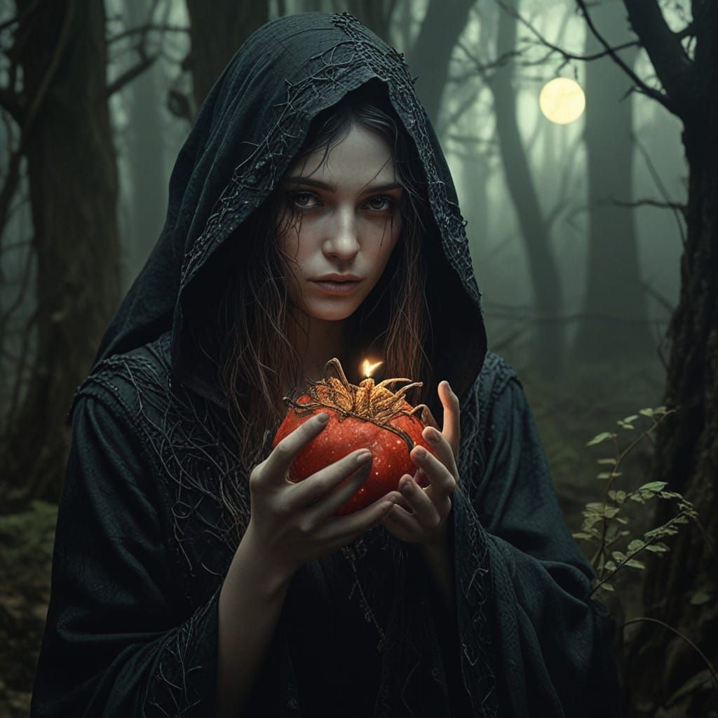 Mysterious Witch Curses Strawberry in Dark Fantasy Landscape