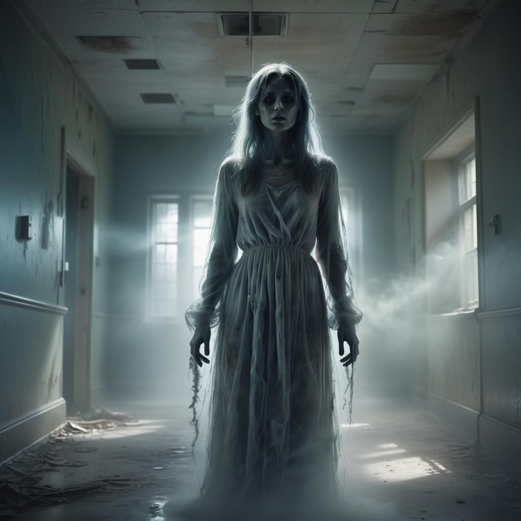 Ethereal Spirit in Decayed Hospital Hallway