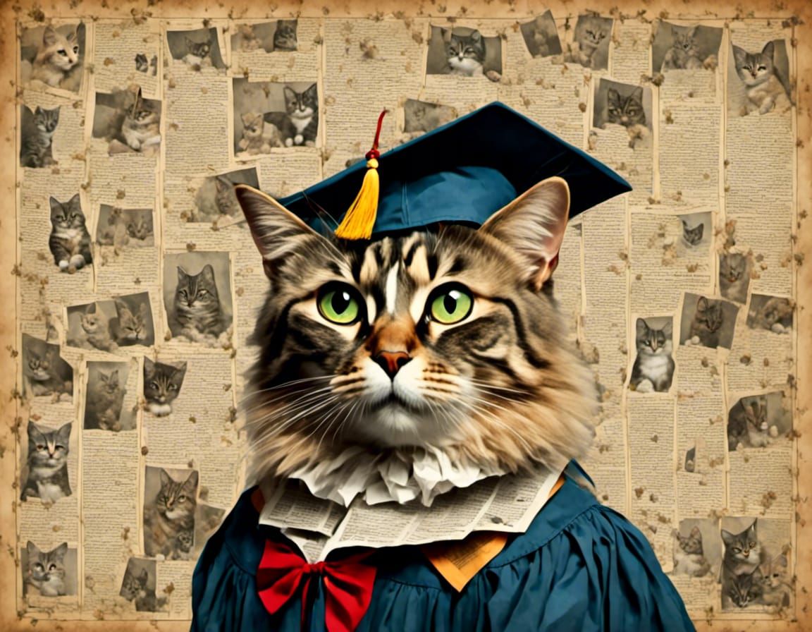 Anthropomorphic Cat Graduation Portrait in Newspaper Collage