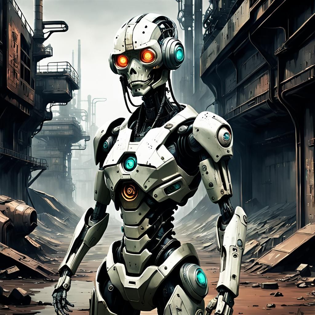 Anime Alien Cyborg in Ruined Sci-Fi Landscape