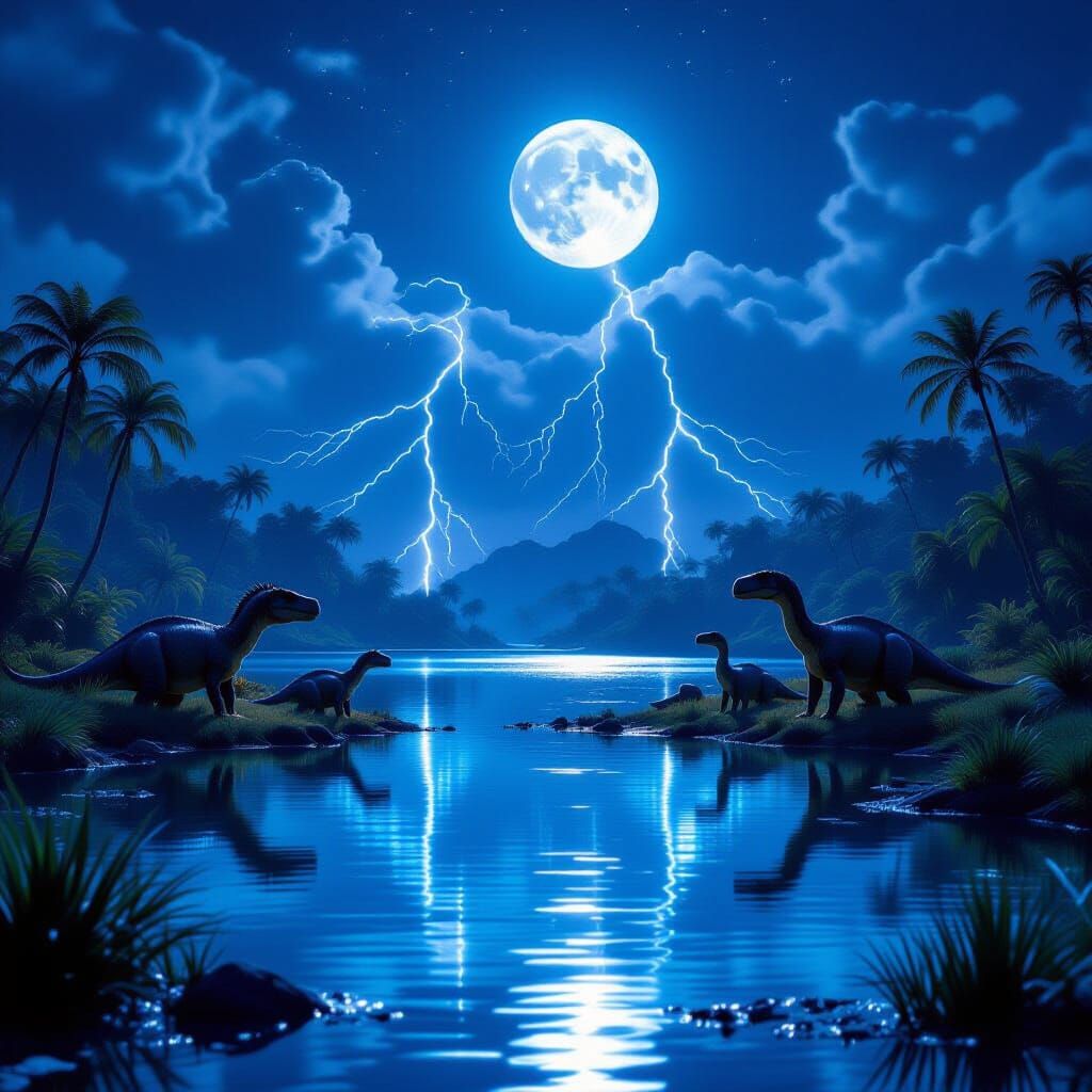 Jurassic Lake Under Moonlight