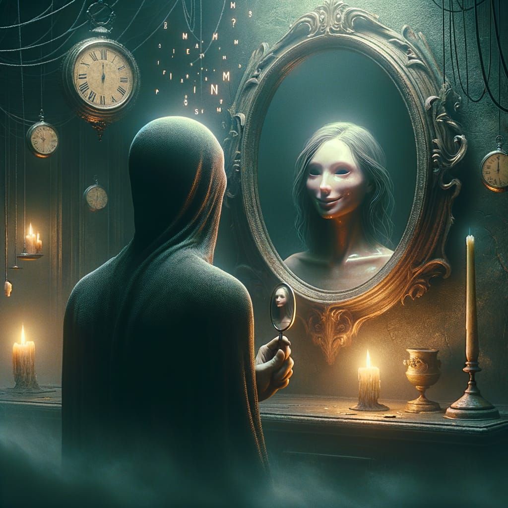Faceless Figure's Mirror Reflection of Joyful Self