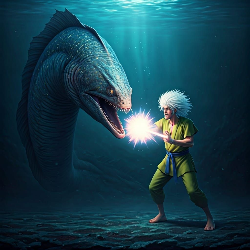 Action Scene: Energy Blast Confronts Eerie Cryptid