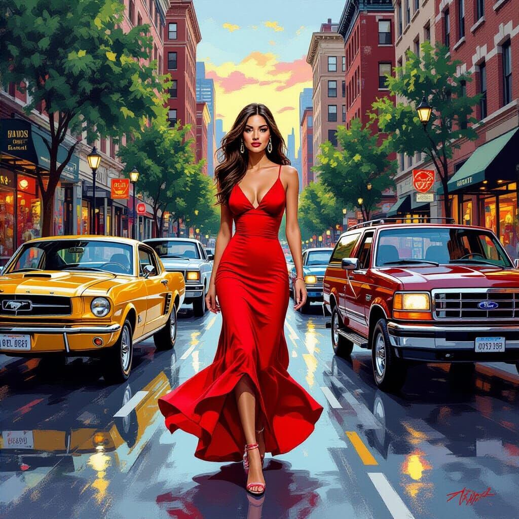 Woman in Red Dress Amidst Vintage Fords, Street Art Style