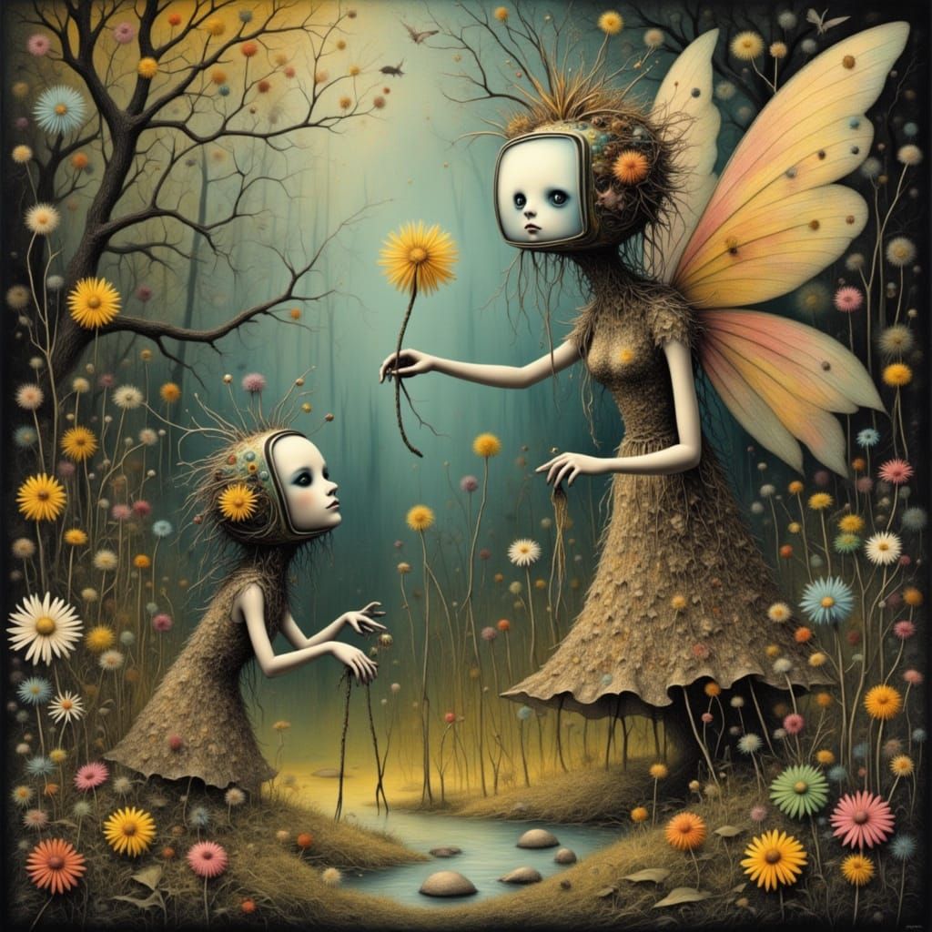 <lora:Pastel Patches:1.0> <lora:Fall Fairies 2:1.0> <lora:Dandelion Fairies:1.0> <lora:Dusk 4 b:1.0> Fairy creature made...