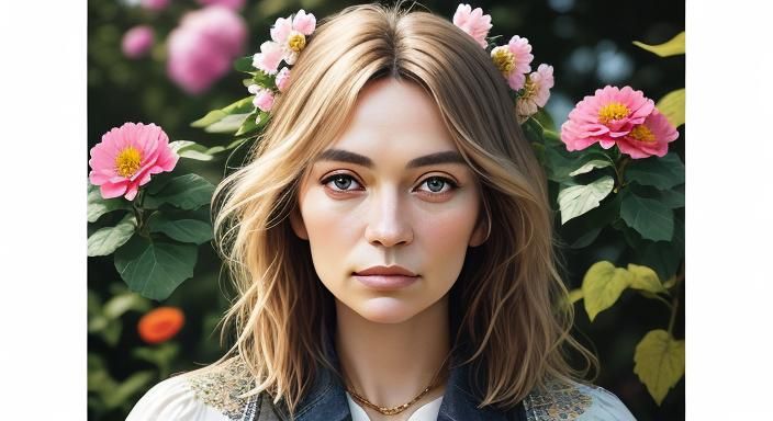 Young Woman in Flower Garden, Realistic Dutch Masters Photo