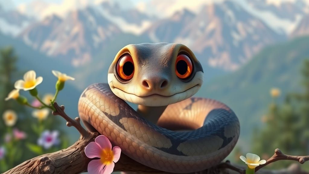 Surreal Portrait of a Happy Little Snake in a Vibrant Landsc...