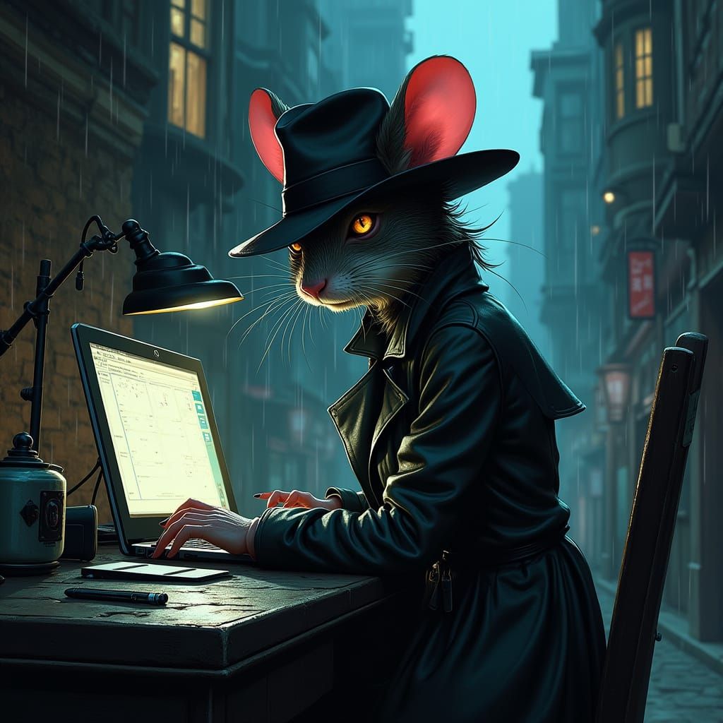 Neo-Noir Mouse Assassin in Rain-Soaked Cityscape