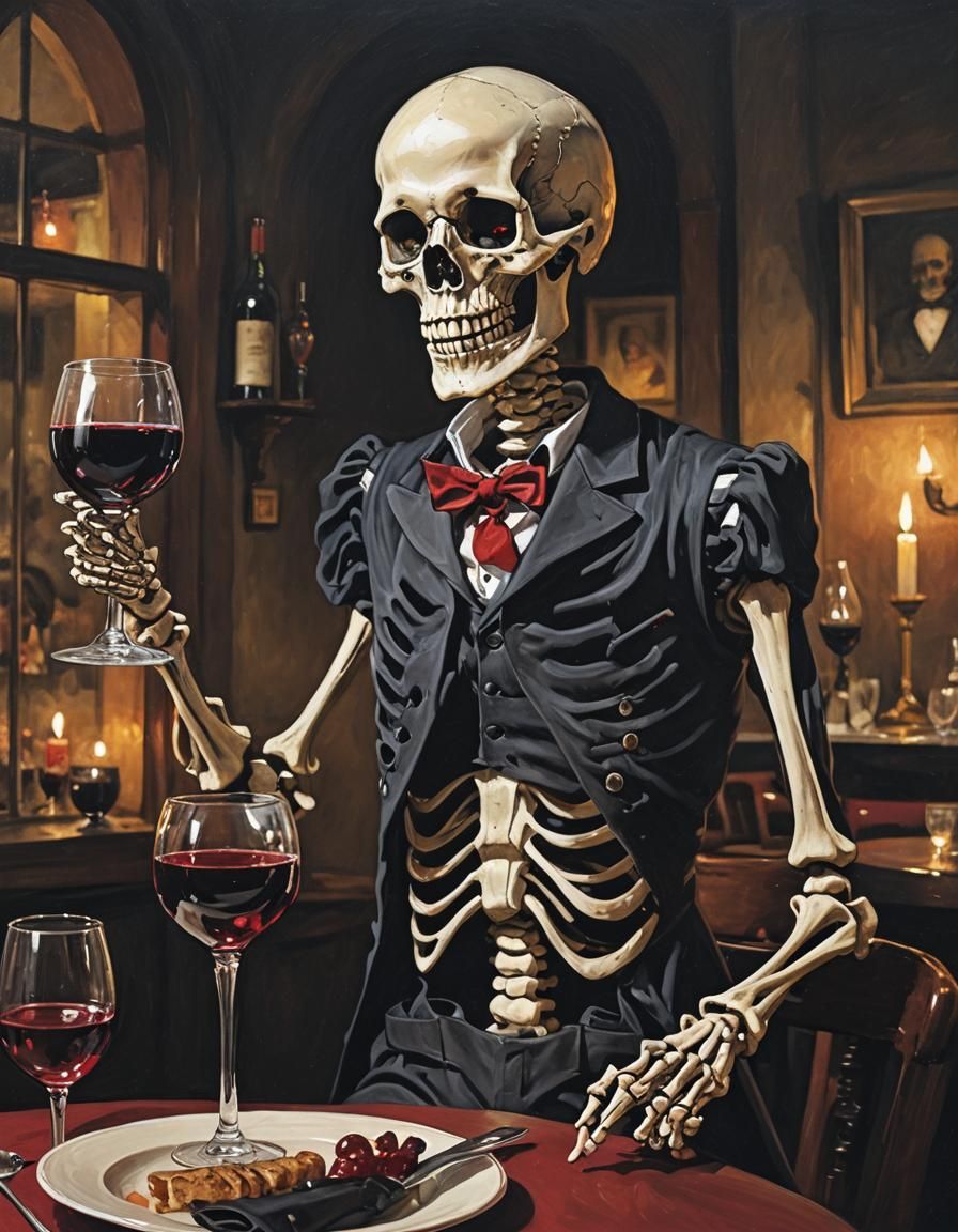 Expressive Skeleton Maitre D' Offers Wine