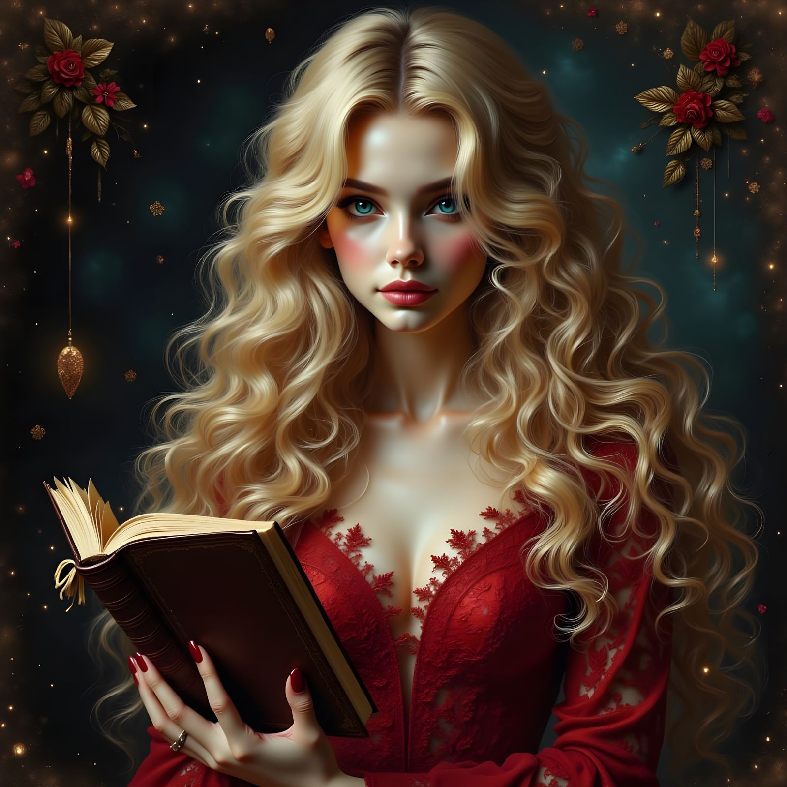 Norse Goddess of Storytelling in Elegant Red Dress