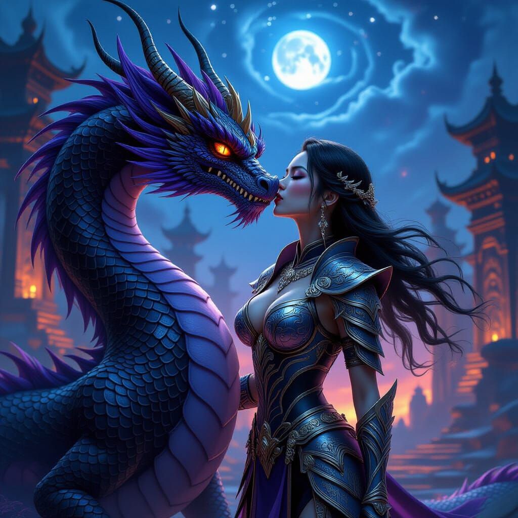 Fantasy Warrior Kisses Dragon in Ethereal Ruins