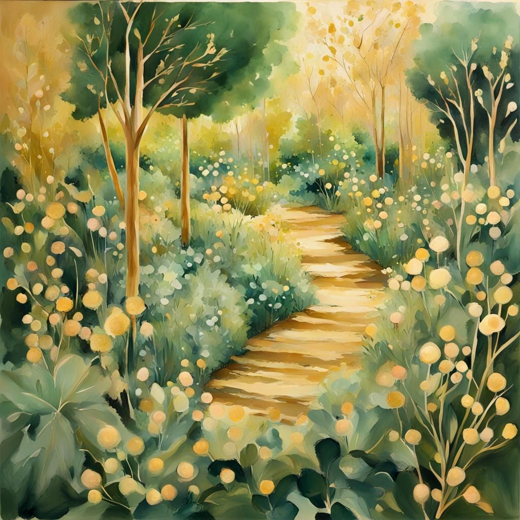 Gorgeous Glowing Golden Garden in Gouache Style
