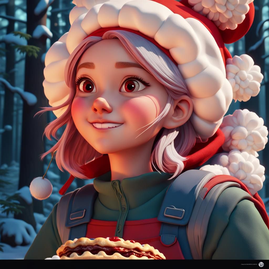Girl with Pies in Forest, Pixar-Style 3D Art