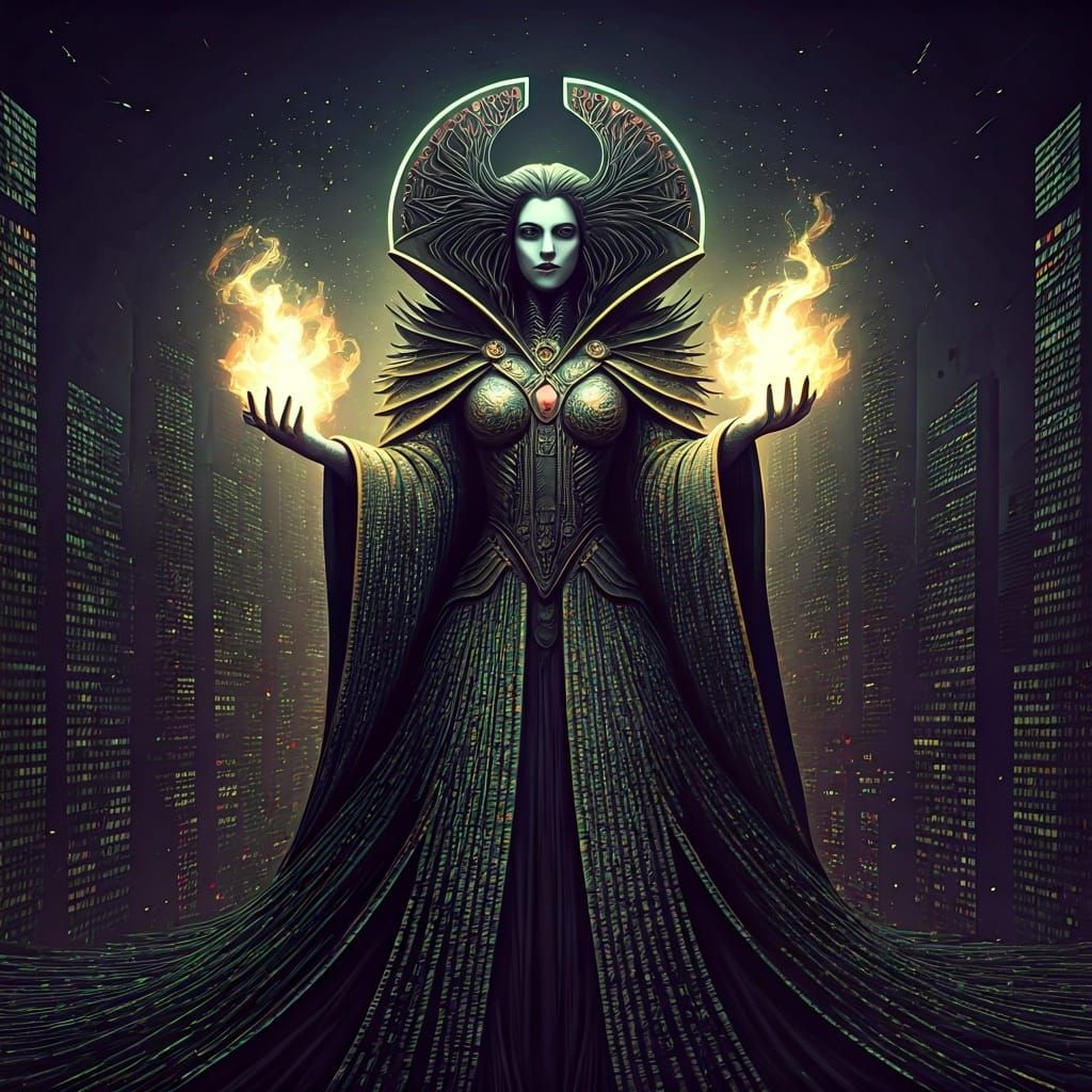 The Glitch: Digital Sorceress in Cyberpunk Cityscape