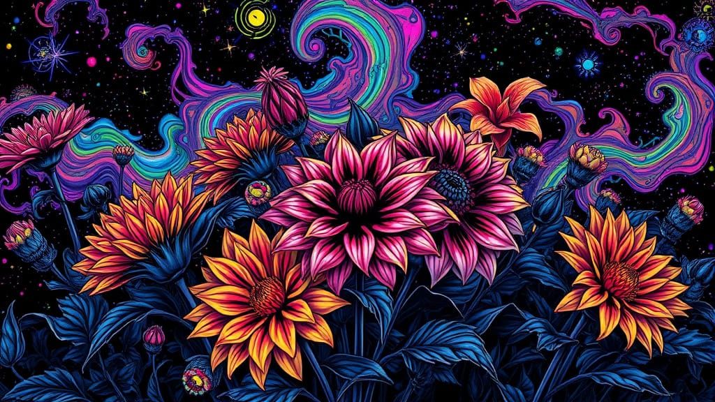Dahlias Bloom in a Neon-Lit Cosmos