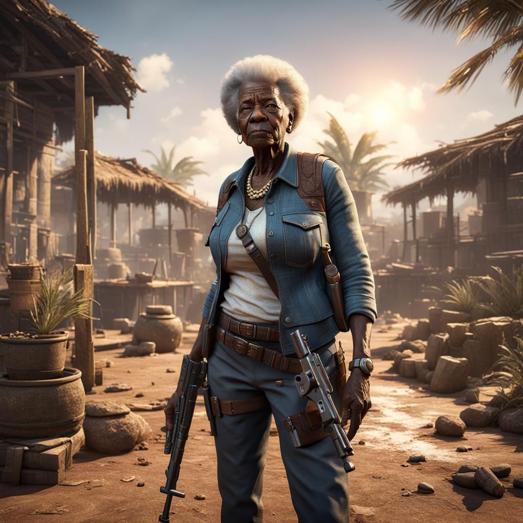 Elderly Woman with Gun in 3D Game Style