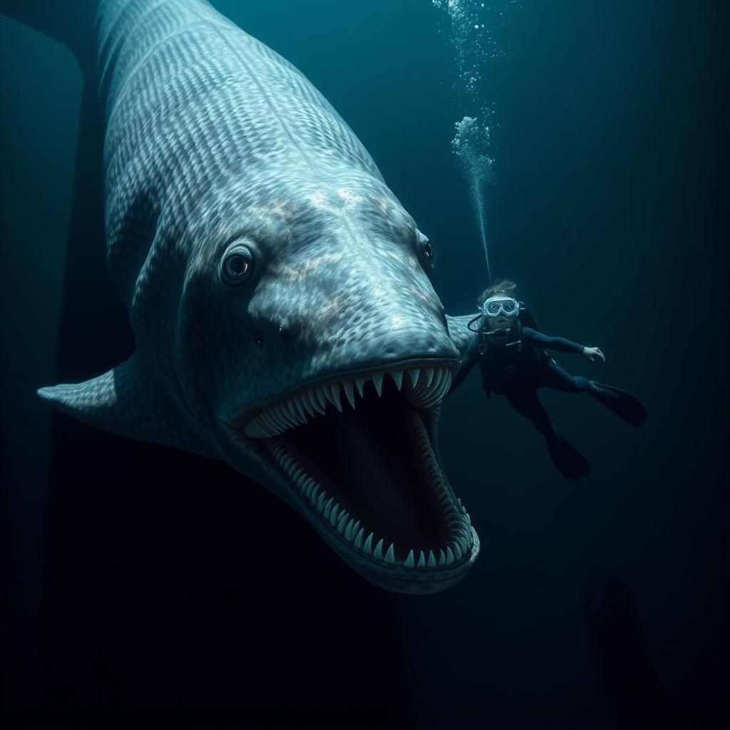 Diver Encounters Giant Moray Eel in Deep Ocean