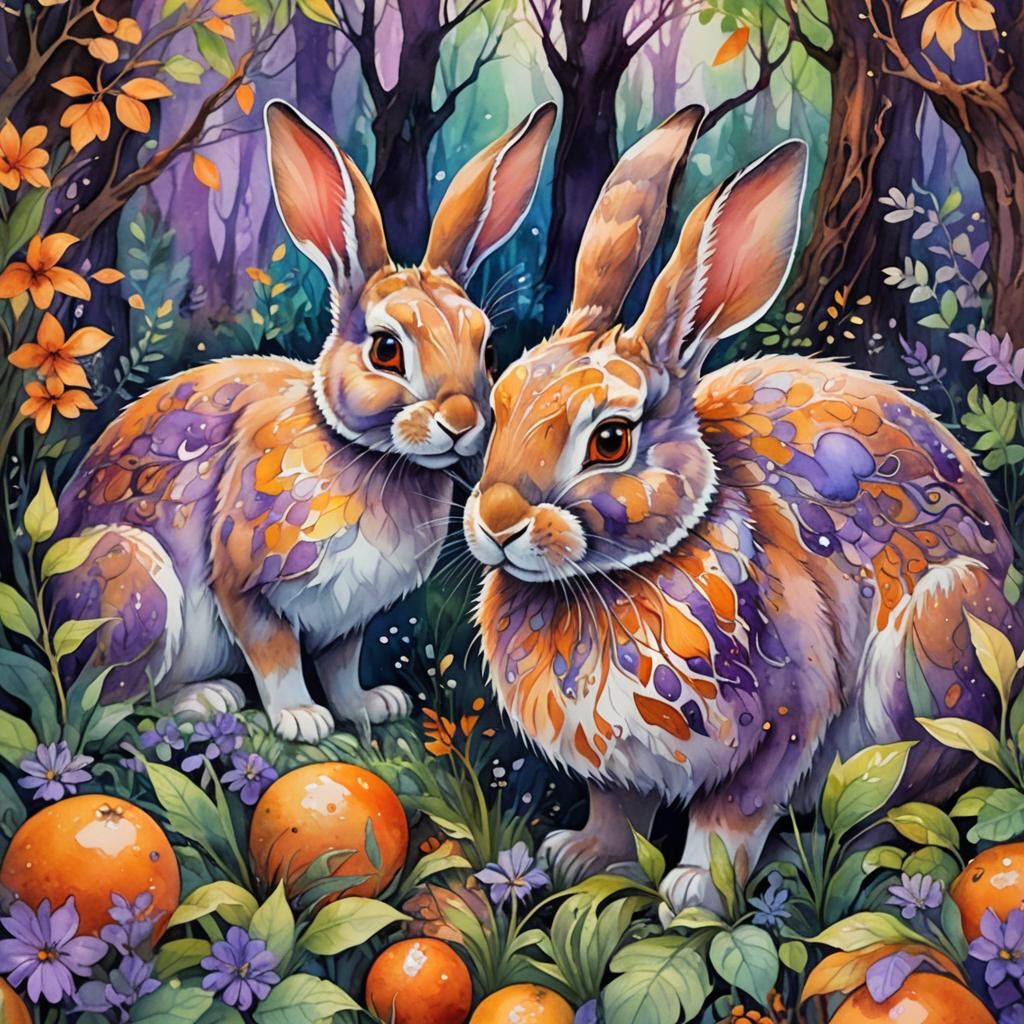 Rabbit Nurturing Babies in Lush Forest: Watercolor Painting