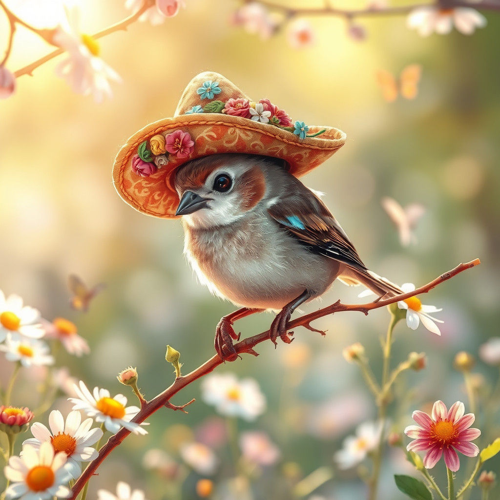Sparrow in Sombrero on Blooming Branch