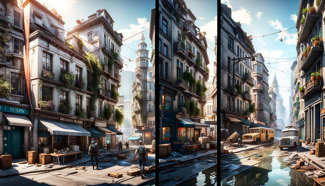 a split screen showing a busy city scene on the let side and...