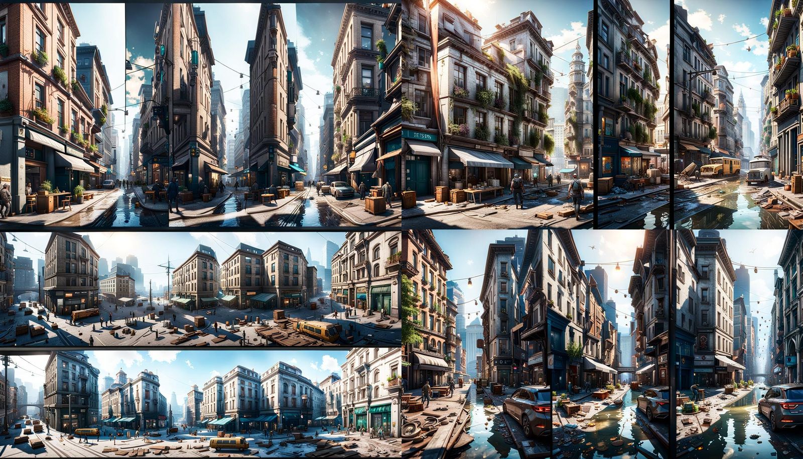 a split screen showing a busy city scene on the let side and...