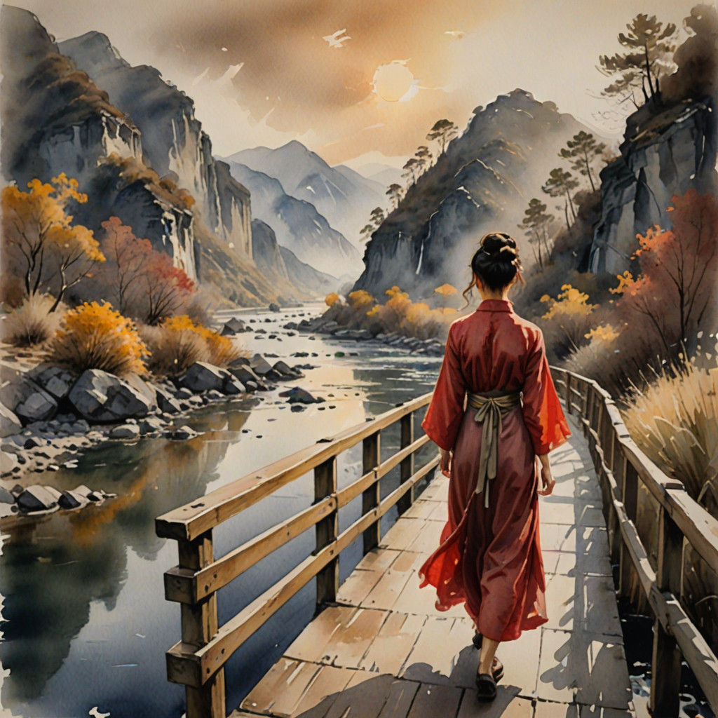 Chinese Woman on a Bridge in Muted Watercolors