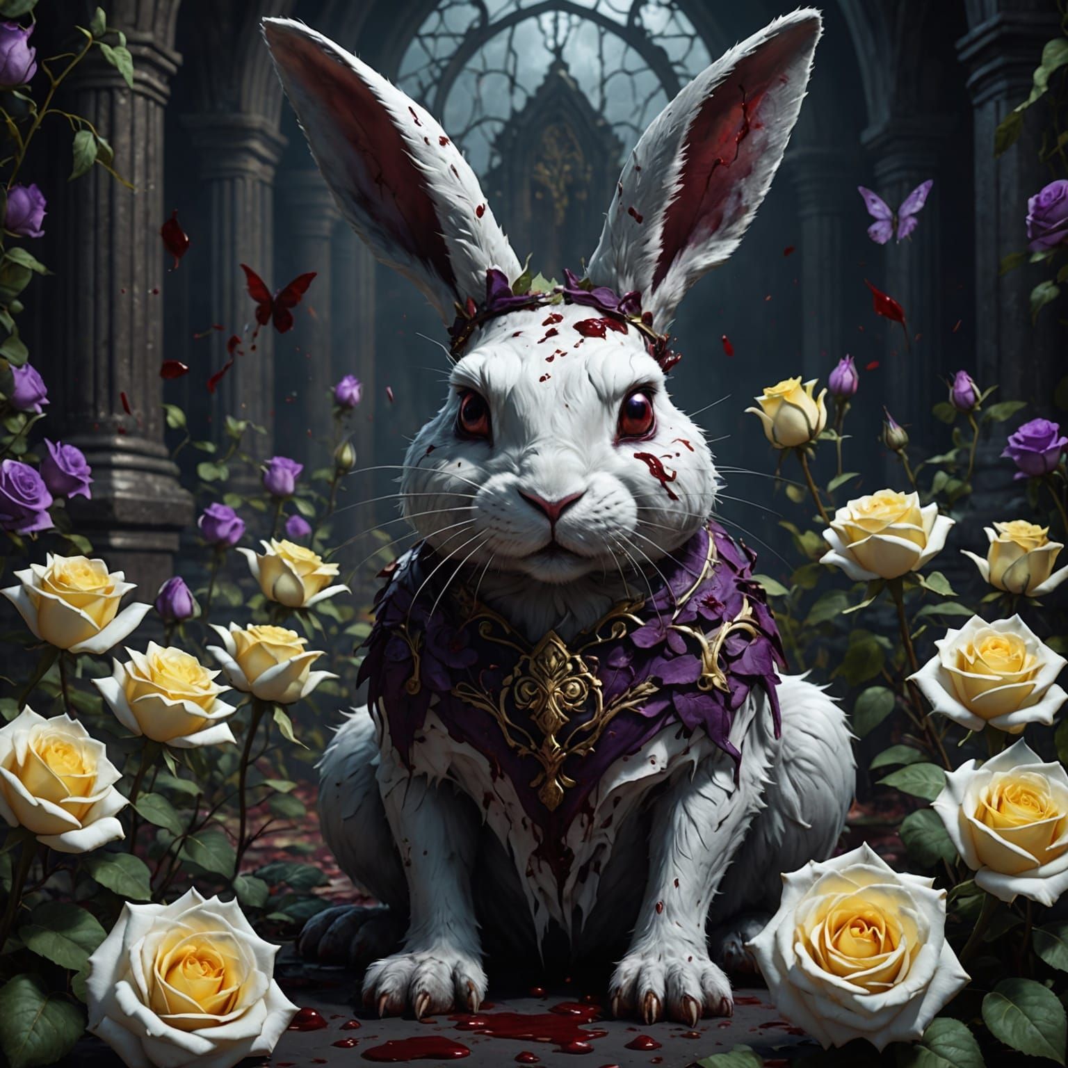Creepy Horror Rabbit with Roses: Dark Fantasy Art