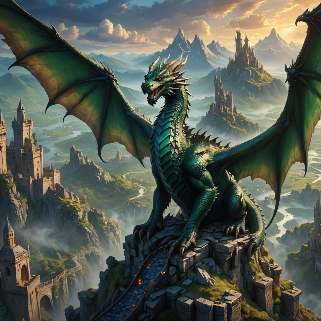 Majestic Dragon Perched Atop Ruined Castle Spire