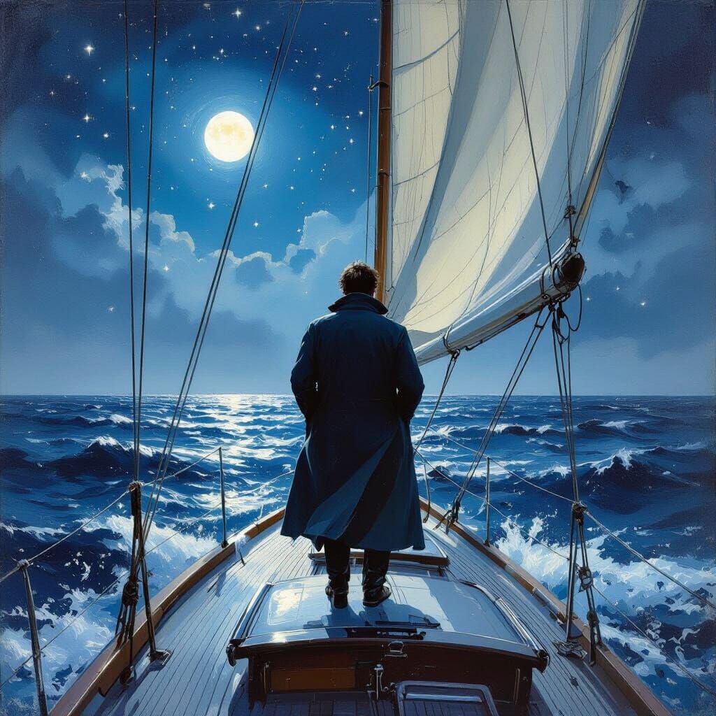 Sailor Gazing at Starry Ocean in Romantic Style