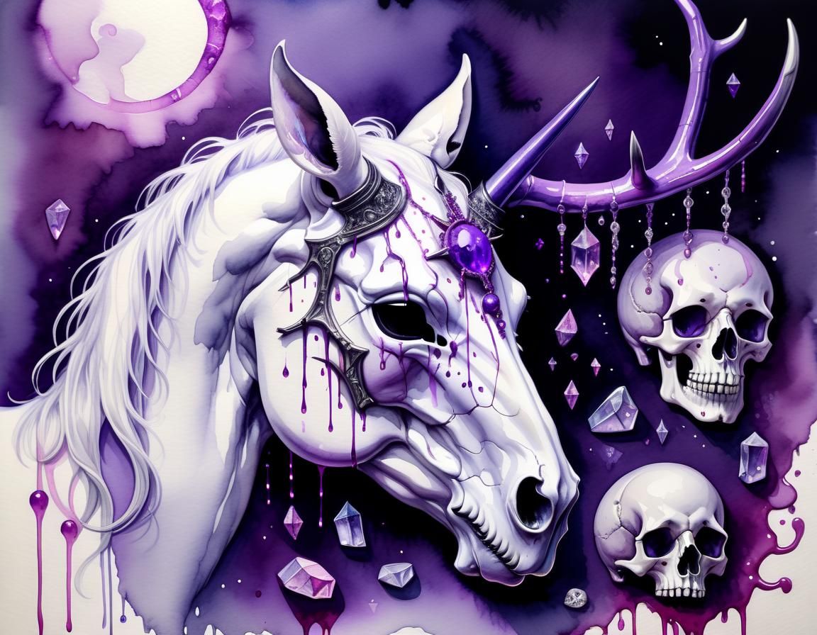 Gothic Skull and White Horse in Watercolor