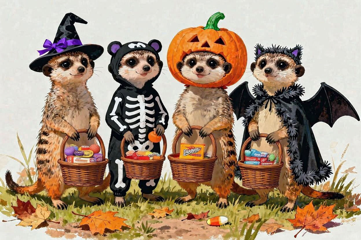 Meerkats in Halloween Costumes Trick or Treating
