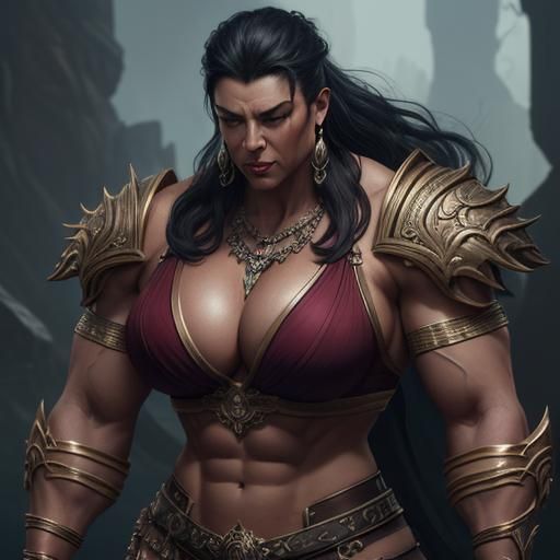 Muscular Woman Flexing Biceps: Detailed Fantasy Art