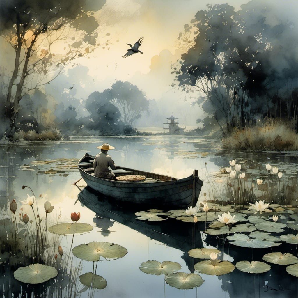 Tranquil Lake Scene with Water Lilies and Boat