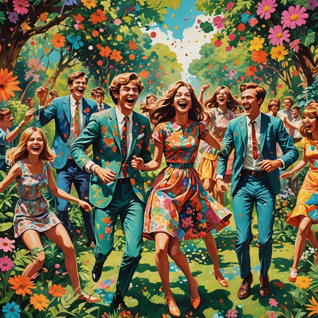 Psychedelic 1960s Youth Dancing in a Whimsical Garden